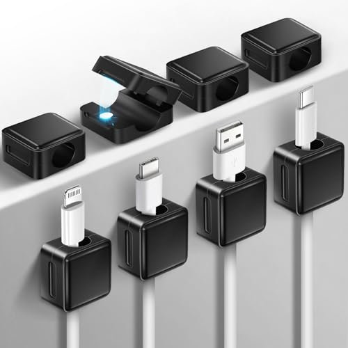 aceyoon Cable Tidy Clips 8 Pack, Cable Holder Clips Magnetic Cable Clips Spring, Self Adhesive Desk Cable Desk Tidy for USB Charger Cable, Wall, Car, Office, Home (7mm, Black)