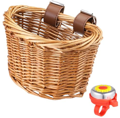 BATTIPAW Kids Bicycle Handlebar Basket, Rattan Storage Basket with Adjustable PU Belts, Brown, Handlebar Mount