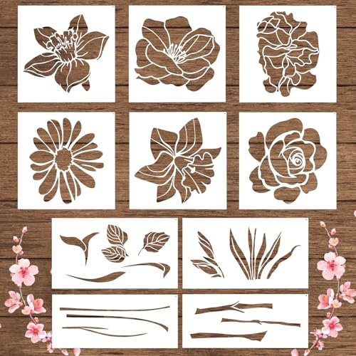 10pcs Flower Stencils for Painting on Walls - Large Reusable Floral Templates With Stem and Leaf for Wood, Garden Fences, Furniture and Crafts