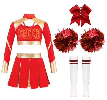 Miutii 5er Set Kinder Mädchen Cheer Leader Kostüm Cheerleading Kleid Langarm Crop Tops mit Rock Pompoms Socken Halloween Karneval Fasching Rot 170-176