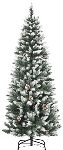 HOMCOM Albero di Natale Innevato da 150 cm 464 Rami 28 Pigne Verde e Bianco | Albero di Natale Finto, Plastica e Metallo, Base Rimovibile