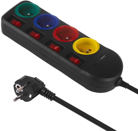 Maclean MCE508 Regleta de 4 Enchufes Tipo E con 2 Puertos USB (A y C) 5V/3.1A QC 2.0, USB-C 18W PD | Toma Múltiple, máx. 2500 W 10 A | Cable de 1,5 m (Negro/Multicolor)