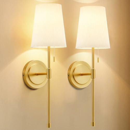 GyroVu Wall Sconces Set of 2, Hardwired Wall Lamps with Pull Chain,Retro Industrial Vanity Sconces Wall Lighting with White Fabric Shade, Indoor Wall Lights for Bathroom Bedroom Living Room Corridor