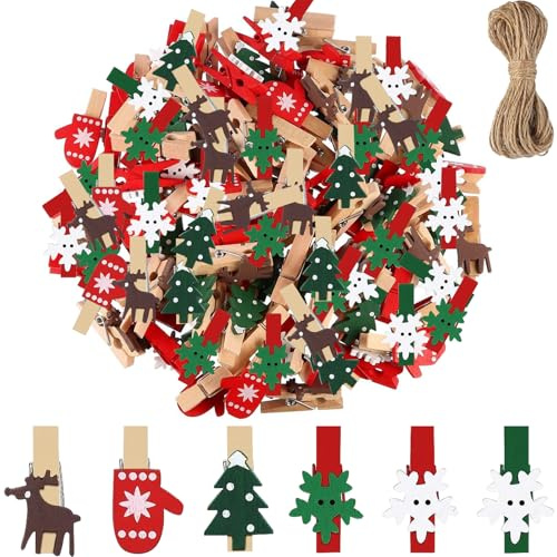 50 Pezzi Mini Mollette Natalizie in Legno, Mollette di Natale, Clip di Legno di Natale, Albero di Natale Foto Clip Mollette Natalizie In Legno per Craft di Natale Appeso (C)