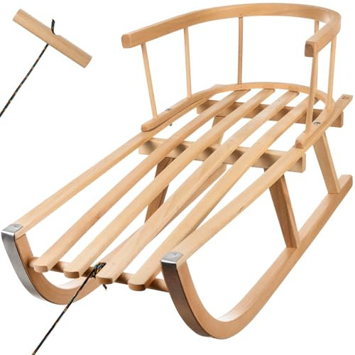Holzschlitten mit Rückenlehne und Leine Rodel Schlitten für Kinder und Erwachsene 2 Personen Buchenholz 25217
