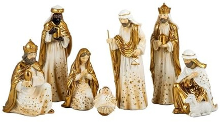 Inmaculada Romero IR Mystery Birth Moderne Krippe 7 Teile 17 cm. Jesuskind, Jungfrau Maria, Heiliger Josef, cremefarbenes Goldharz. Unisex. Länge (cm): 17.