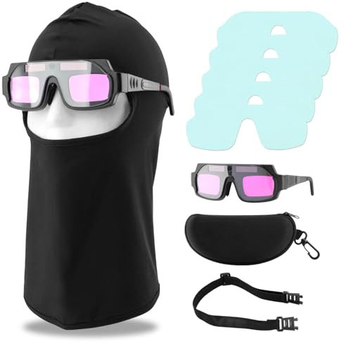 1Set Solar Auto Darkening Welding Goggles with 5pcs Replacement Lenses, Adjustable Strap 23-40cm,Face Shield,Protective Case,Solar Power LCD Welding Glasses for Protecting Eyes