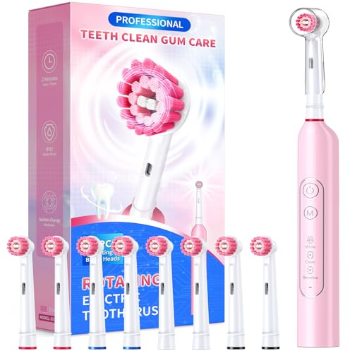 Cepillo de dientes eléctrico giratorio para adultos con 8 cabezales de cepillo, cepillo de dientes eléctrico para el cuidado de las encías sensible con 3 modos y temporizador inteligente de 2 minutos