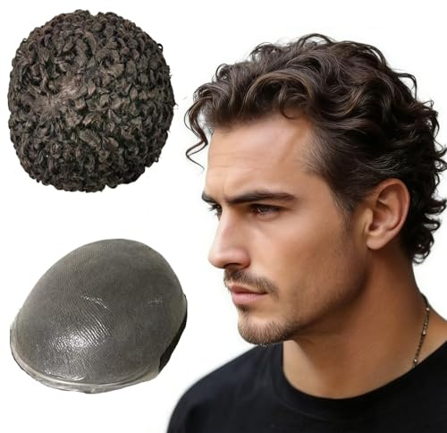 NLW 0,04 tunn hud PU dubbla knutar äkta hår toupet män 10 mm afro hårdel män äkta hår lockar peruker män toupet hårsystem man basstorlek 20 x 25 cm 120 % densitet #2 Deep Brown