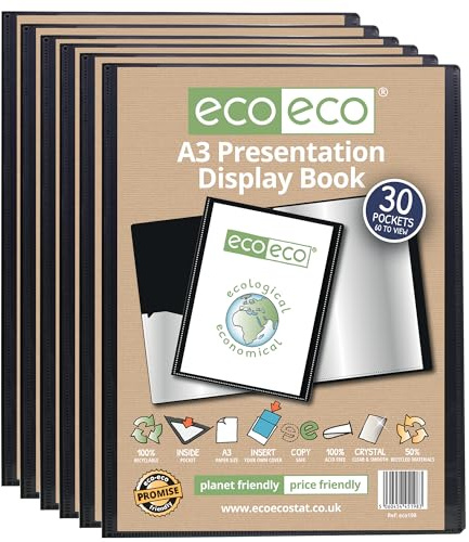eco-eco Präsentationsbuch, A3-Format, 50% recycelt, 30 Taschen, schwarz, Präsentationsmappe, Portfolio, Kunstordner mit Kunststoffhüllen, 6 Stück, eco198 x 6