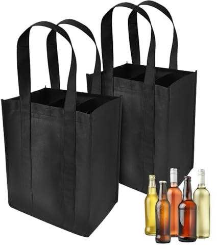 2 Stück Flaschenträger - Wiederverwendbare Getränketasche - Flaschentasche 6 Flaschen (max. 1,5 Liter) - Ideal Für Einkauf, Camping & Pfandflaschen - Für Wasserflaschen, Wein, Schwarz - 31*25*18cm