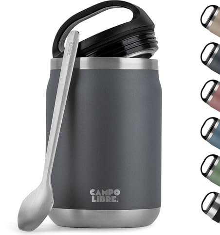 Campo Libre.® LOTTA – Thermos Alimentaire Chaud & Froid – Boite Repas Isotherme avec Cuillère – Gamelle Isotherme Adulte ou Bébé, Travail, Bureau, École, Camping – Facile à transporter. Gris, 800ml