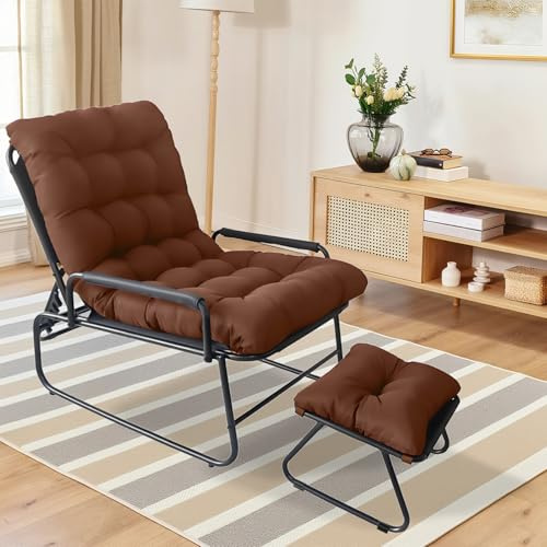 Cozykimo Gartensessel Sonnenliege Klappbar, Liegestuhl 150 Kg mit 5 cm Dicker Auflage, Gartenstuhl Hochlehner, Lounge Sessel GartenstüHle mit Hocker Verstellbare Rückenlehne (Brown)