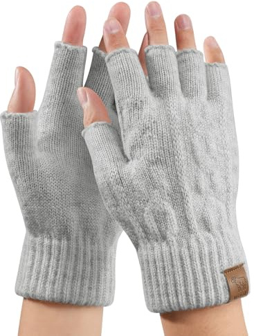 TOMEEK Fingerlösa handskar för kvinnor, 100 % ull, vinter, termiska handskar för män, som kör, halvfingerhandske, löpning, arbete, cykling, vandring, utomhussport (ljusgrå, L)
