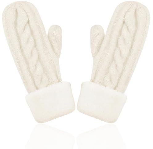 DIGNFENG - Guanti invernali da donna, 1 paio di guanti caldi a maglia con fodera in pile, guanti termici spessi, guanti in lana per ciclismo, sci, attività all'aperto, colore bianco