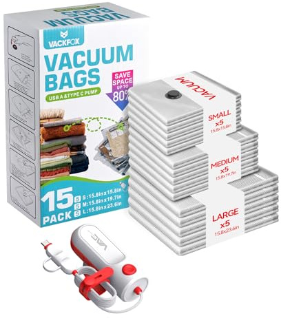 VACKFOX Dammsugarpåsar för resor med USB och typ C-pump, 15-pack handbagage storlek komprimeringsväskor för bagage och resväska, platsbesparande för kläder och kläder resor (röd)