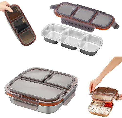Snackbox Edelstahl und Bento-Box Edelstahl mit Drei Fächern, Luftdicht, Wasserdicht, Sackbox mit Fächern Edelstahls, Snackbox mit Fächern Kinder für Snacks, Nüsse, Kekse, Obst, Gemüse, Mittagessen