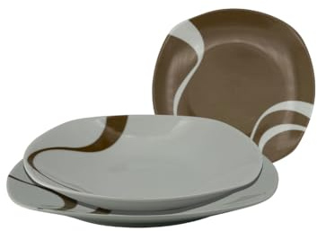 Servizio Piatti in Porcellana 36 Pezzi Kyo – 12 Piani 25 cm, 6 Fondi 23 cm, 6 Dessert 19 cm – Finitura Lucida – Bicolore Tortora/Marrone – Lavastoviglie & Microonde – Design Moderno