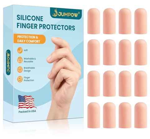 JUMPOW Gel Finger Cots Protectors, Silicone Finger Covers Caps Sleeves Flexible Shields for Fingertip Thumb Protection, Arthritis, Rubbing, Cracking, Hangnail & Pain Relief (Complexion, M, 16PCS)