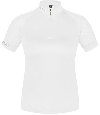 Equinate Damen Funktionsshirt Lunari - leichtes Kurzarmshirt mit Stehkragen und Mesh-Ärmeln - atmungsaktiv elastisch und schnell trocknend für Reitsport und Training S Weiß