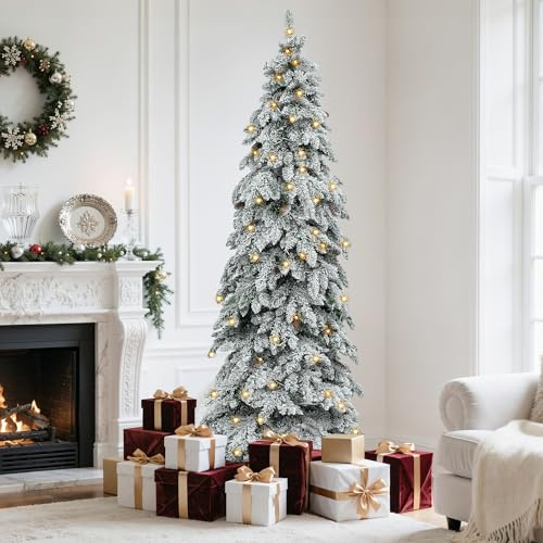 YITAHOME Künstlicher Weihnachtsbaum mit Schnee, 11 Lichtmodi, 350 LEDs, 800 Spitzen, Metallständer und integrierter Beleuchtung 229 cm