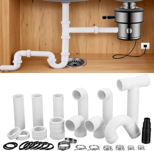 NBEADS 1 Satz Doppel Spülbecken Flaschen Siphon Ablaufgarnitur, Doppelspülbecken Abflussrohr Kit mit Müllentsorgungsanschluss für Küchenspüle, Einfache Installation, Leckdicht