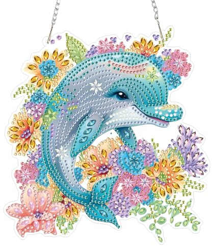 TOSTOG Diamond Painting Hängende Ornament Kit Delfin Diamond Painting Anhänger Blumen 5D Diamant Fensterbilder Beidseitig mit Kette für Party Kranz Tür Fenster Wand Deko (18.4×19.4cm)