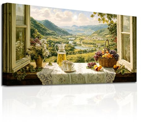 SERIMINO Modern Wandbild Küche Landschaft Leinwand Bilder Groß 59x119 cm | Blumen Früchte Berg Fluss Wanddeko, Hochauflösender Druck, Leinwand Holzrahmen, Einfache Montage, Raum Und Geschenk Geeignet