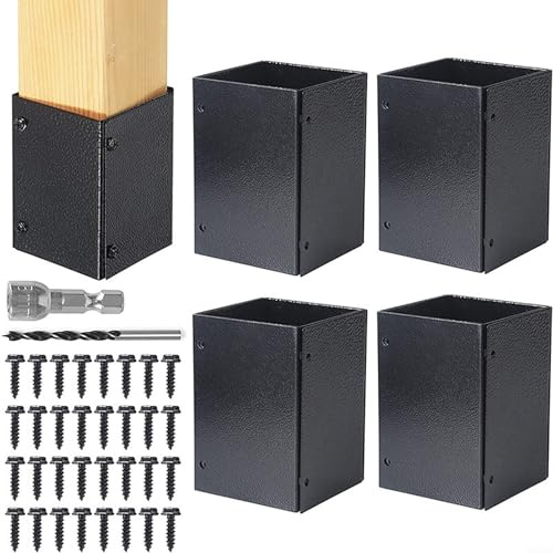 Lot de 4 cache-poteaux réglables en acier inoxydable de 8,4 à 15,2 cm, protection de clôture antirouille pour terrasse en bois, balustrade de boîte aux lettres, noir (A)