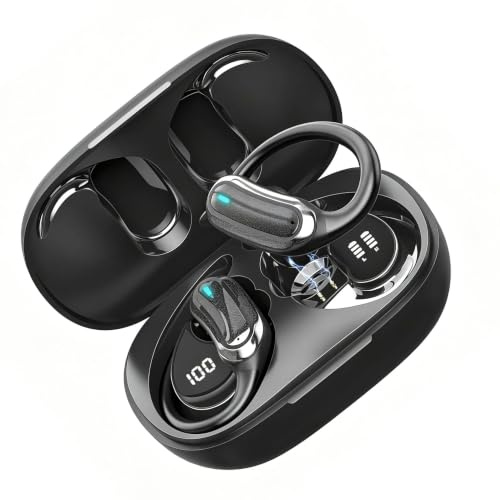 TRAUSI Wireless Earbuds Bluetooth Headphones, Bluetooth 5.3 Stereo Over Ear Buds, Noise Cancelling Mic, IPX7 Waterproof Earphones for Workout/Running, Pure Black