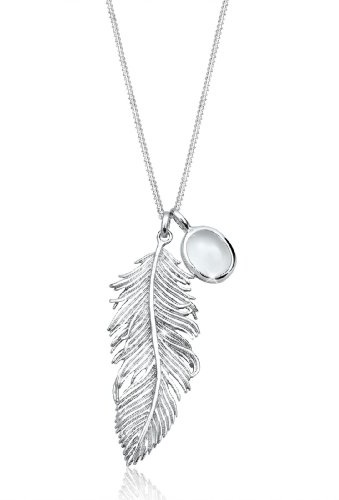 Elli Halskette Silber 925 Feder Anhänger Kette Damen Mondstein Schmuck | Geschenke für Frauen Mädchen Mama Freundin, Boho Festival Silberkette Länge 70 cm