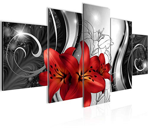 Runa Art - Bilder Blumen Lilien 200 x 100 cm 5 Teilig XXL Wanddekoration Design Schwarz Weiss 208451c