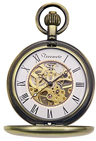 Treeweto Reloj de bolsillo mecánico de dragón antiguo con cadena, marrón, Mecánico