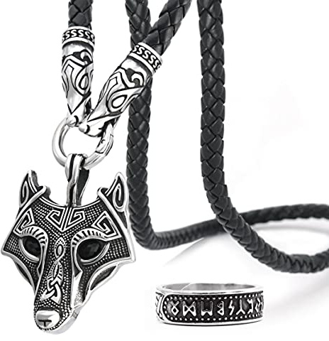 BaviPower - Colgante de cabeza de lobo con collar de cuero trenzado, acero inoxidable, collar nórdico escandinavo, joyería vikinga auténtica