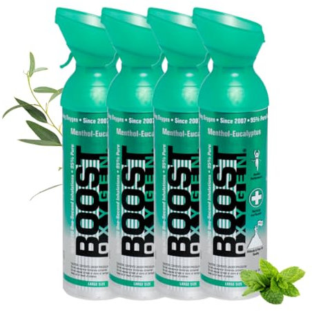 Boost Oxygen Sauerstofflasche für Unterwegs mit 95% Sauerstoff - 36L,4x9L Sauerstoffdose mit Sauerstoffmaske für mehr als 600 Inhalationen - mobiler Sauerstoff Inhalator (Menthol-Eukalyptus Geschmack)