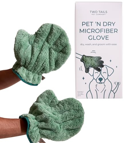 Two Tails Pet Company Pet N’ Dry Microfiber Gloves, Absorbent Dog Drying and Washing Gloves for Paws, Faces, and Coats, Soft, Lightweight, Fast Drying, Gentle on Sensitive Fur, Grooming Dog Supplies