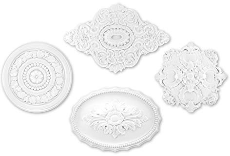 GRAND DECOR Stuckrosette aus PU hartschaum - Deckenrosette weiß, Zierelement, Stuck (R130, Ø 40cm) Wanddekoobjekt Innendekoration Lampe Dekor rund