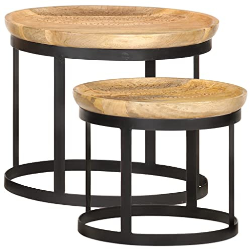 vidaXL Mangoholz Massiv Beistelltisch 2-TLG. Vintage Couchtisch Satztisch Wohnzimmertisch Kaffeetisch Sofatisch Teetisch Tisch Rund Stahl