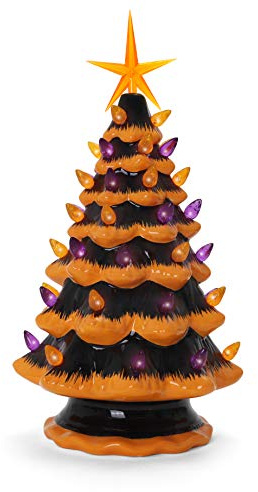 Milltown Merchants Halloween Ceramic Tree - Lighted, Black & Orange - Christmas Tree for Indoor Halloween Decorations