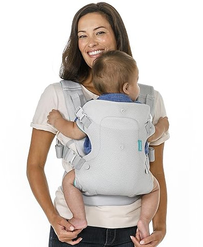 Infantino Flip 4-in-1 Light & Airy Babytrage, Atmungsaktiv, Lordosenstütze, Verstellbarer Hüftgurt, Kopfstütze, Ergonomischer Sitz, Weiche Riemen für Neugeborene von 3,6-14,5 kg, Hellgrau