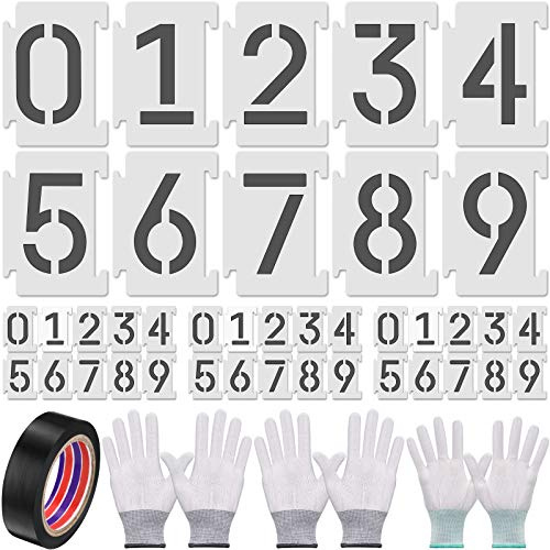 Tenare 44 Pcs 4 Inch Number Curb Stencil Kit with 40 Pcs 0-9 Address Reusable Plastic Number Curb Stencils, Adhesive Tape,3 Pairs Gloves for Painting Address in Wall Wood Road(4 Inch in Height)