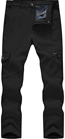 Gopune Mens Snow Ski Waterproof Softshell Pants Outdoor Hiking Fleece Lined Zipper Snowboard Pants Black,34