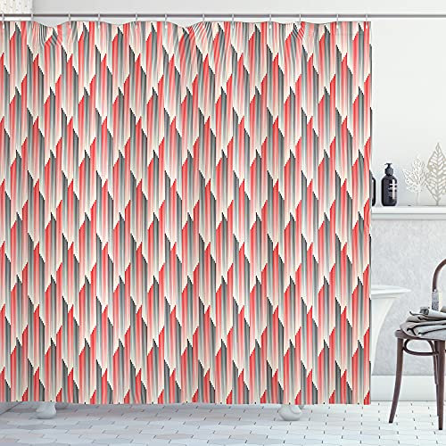 ABAKUHAUS Abstrakt Duschvorhang, Vertikale Streifen, Stoffliches Gewebe Badezimmerdekorationsset mit Haken, 175 x 180 cm, Dunkle Koralle Elfenbein