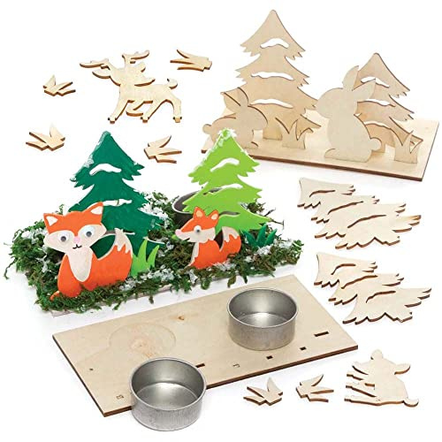 Baker Ross FC297 Waldtier Teelichthalter Bastelset aus Holz - 3er Pack, Holzteelichthalter für Kinder zum Basteln und Bemalen