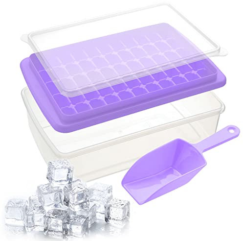 Yoove BPA-Free Silicone Ice Cube Tray with Lid & Bin for Freezer - Stackable Mold with Cover, Container & Scoop - No-Spill, Easy Release - Large Ice Mold Maker for Cocktails & Whisky