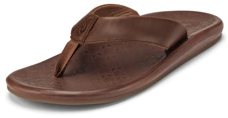 OluKai 'Ilikai Men's Leather Sandals, Full-Grain Leather Flip-Flop Slides, Anatomical Footbed & Cushioning, Comfort Fit & Wet Grip Rubber, Toffee/Toffee, 14