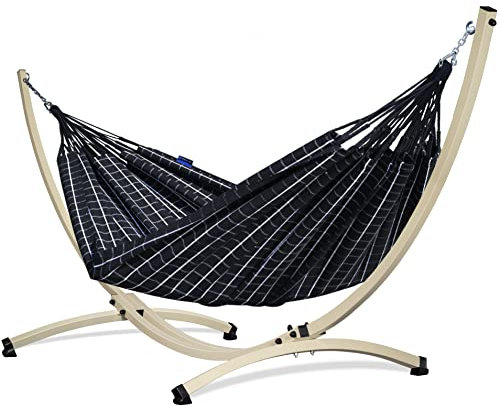 Potenza Outdoor Hängematte mit Verzinkter Gestell für 2 Personen I 100% Baumwolle Catargo Doppelhängematte XXL 220x160, 220kg I Hängemattengestell 220kg, wetterfest (Schwarz, Gestell Ecru)
