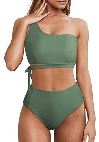 Wantonfy Bikini set dam hög midja baddräkt tvådelad baddräkt badkläder strandkläder, Grön, L