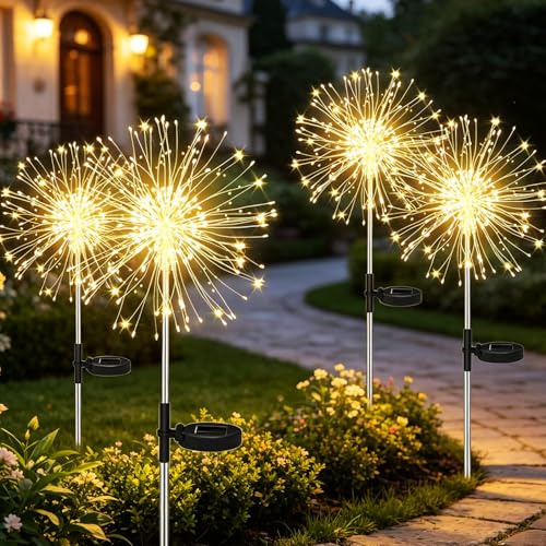 Joysing Solarleuchten für außen 4 Stück 120 LED Gartenleuchten Solar, 8 Modi Solar Gartenstecker Wasserdicht Solarleuchten Feuerwerk Solar Pusteblume für Terrasse Rasen Garten Deko