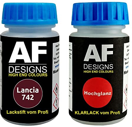 Alex Flittner Designs Stylo de retouche compatible avec Lancia 742 Marrone Caravaggio Perl + Set de peinture automobile comprenant vernis transparent et peinture de base, 50ml chacun